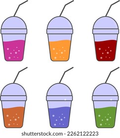 Several icons of plastic cups filled with colorful fresh drinks.