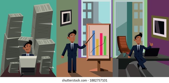 Several images about success stages of one person in a corporation
