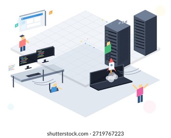 Vários indivíduos se envolvem com computadores e servidores em um espaço de escritório moderno. Eles trabalham em um projeto tecnológico que envolve atividades de codificação e lançamento. A cena mostra o trabalho em equipe em ação.