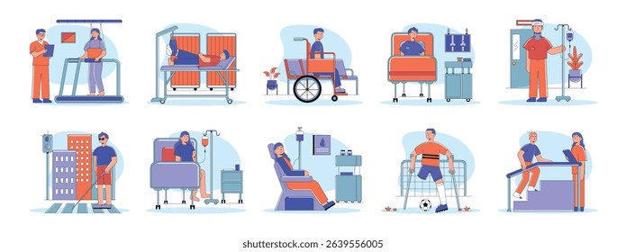 Several injured patients being treatment by medic in the hospital, in the process of recovery. Character design. Vector flat illustration