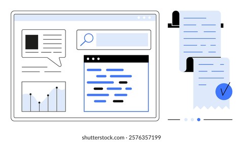 Several interface components like graphs, search bars, reports, and text on screens. Ideal for data analysis, information processing, business reports, digital documentation, and workflow