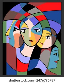   several interlocking faces with prominent, stylized features against a geometric background. Each face is composed of bold lines and contrasting colors, contributing to the cubist style of the piece