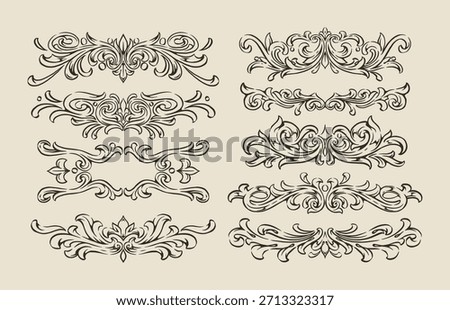 Several intricate decorative borders are arranged in two columns. The designs feature swirls and curves showcasing expert artistry suitable for various design projects.
