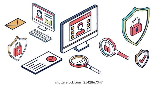 Several isometric icons - email, computer security, internet security, computers, monitors, keyboards