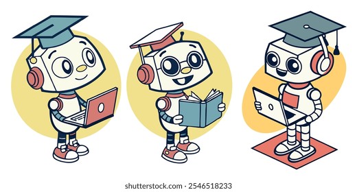 Several isometric icons in the form of friendly robot students
