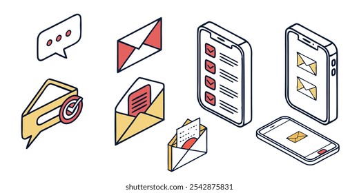 Vários ícones isométricos - mensagem, bate-papo, e-mail, carta, envelope, smartphones, correspondência