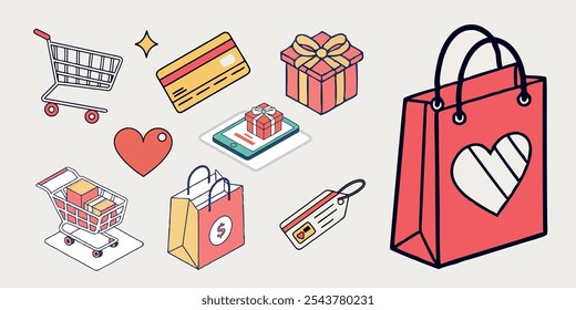 Several isometric icons on the theme of shopping, including isometric - cart, credit card, gift, box, gift box, bag