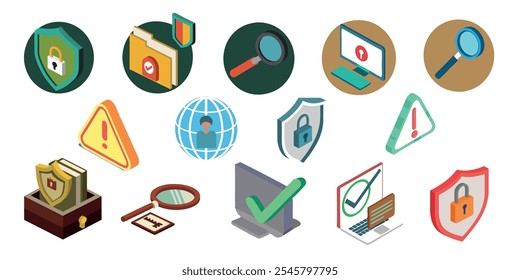 Several isometric icons on the topic of internet security, computer protection, antivirus, file system, magnifying glass, search, warning sign, world wide web
