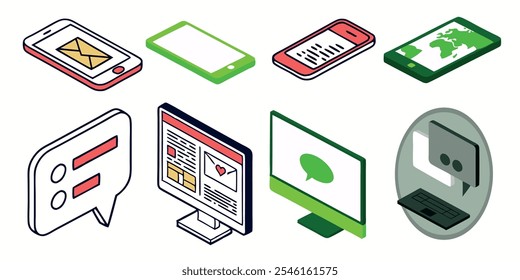 Several isometric icons on the topic of communication on the Internet - smartphone, computer, monitor, screen, email, envelope, chat, message, correspondence, notification, keyboard