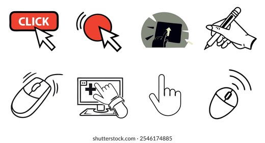 Several isometric icons on the topic of click, cursor, hand, pressing, hand holding a pen, hand writing with a pen, wireless computer mouse, monitor, signal