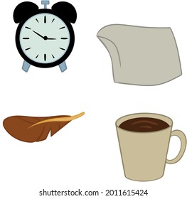 Several items isolated on white background. Alarm clock pillow feather bird coffee cup. Vector illustration. Design element for poster label sign emblem menu.