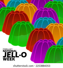 Several jellies of various colors with bold text on white background to celebrate National Jell-O Week on February