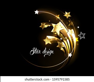 Several jewelry, gold, sparkling comets on black background. Design with golden stars.