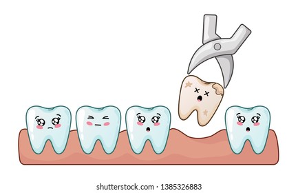 Several kawaii teeth together, healthy teeth and problem of tooth loss - tooth extraction, cute cartoon characters and concept of treatment, oral hygiene, dentistry - dental care. flat vector 
