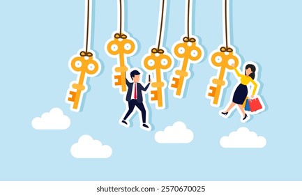 Several keys hanging from a string with a businessman hold a phone and grip a key, and a businesswoman hold a shop bag and grip a key, illustration of dependence on solutions