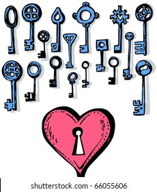 Several keys and a heart-shaped lock