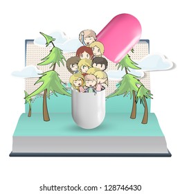Several kids inside a pill printed on open book. Vector design.