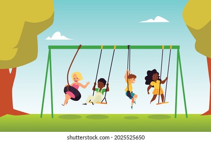 Several kids in nature park swing on swing and bungee in flat vector illustration. Happy boys, girls cartoon characters smile, enjoy childhood, summer and have fun.