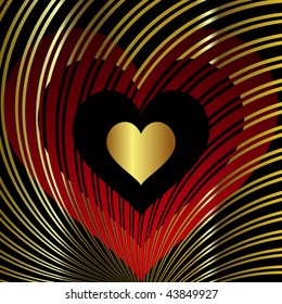 several layers of heart images behind and in front of a set of curved rays