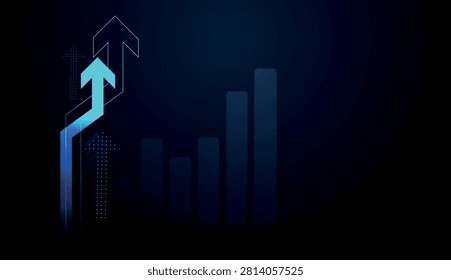 Several light blue and deep blue arrows surge upward against a dark background, illustrating strong business growth.