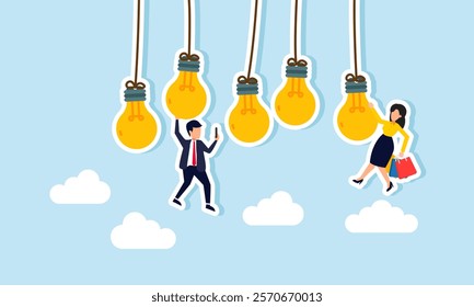 Several lights hanging from a string with a businessman hold a phone and grip a light, and a businesswoman hold a shop bag and grip a light, illustration of dependence on creativity