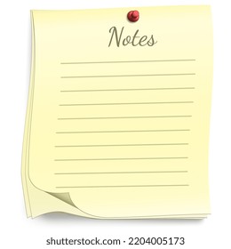 Several lined yellow sheet paper for notes with pin on white background. Shadow under the sticker. Vector design element.