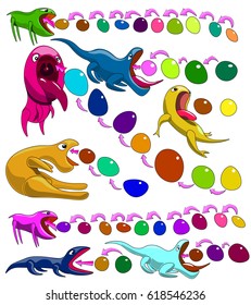 Several lizards opened their mouths and eaten eggs.