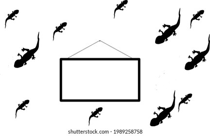 several lizards stuck to the wall around a blank white frame. vector illustration