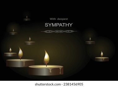 Several low, burning candles in the dark and the inscription “With deepest sympathy.” Vector conceptual illustration with space for additional text.