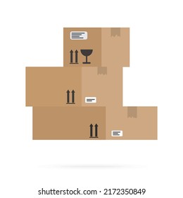 Several mailboxes made of brown cardboard lie on top of each other. Illustration in flat style