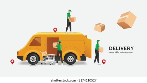 Varios mensajeros masculinos están descargando paquetes de una camioneta de entrega después de que los clientes pongan artículos en sus carros de compra y paguen por el producto, vector 3d aislado en fondo blanco para concepto de entrega