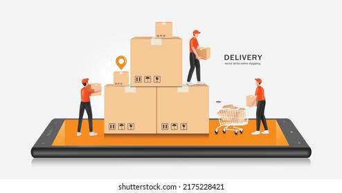 Several male employees in orange uniforms are helping to transport parcel boxes to deliver to customers After customer confirms the product on online shopping platform on smartphone,vector 3d isolated