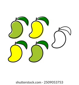 Varios mangos con trazo audaz. mango verde y amarillo. Ilustración vectorial de estilo plano. tema de fruta. sabor a mango. estilo MBE. conjunto de Vectores