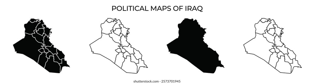 Several maps depict the political divisions of Iraq, highlighting various regions and administrative boundaries. These representations illustrate the complex geography and governance.