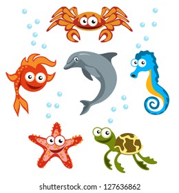 Several marine animals in childish style.