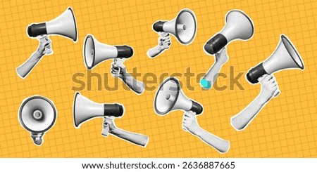 Several megaphones held by hands in a pop art style against an orange grid pattern This design represents communication and marketing in a vibrant manner