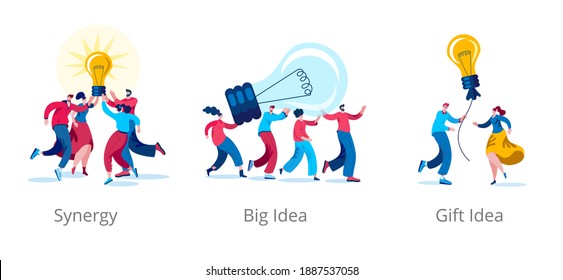Several men and women in casual clothes carry a light bulb. A boy gives a girl a balloon light bulb. A group of people in casual clothing is holding a large idea.
