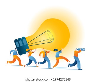 Several men and women in casual clothes carry a light bulb. Concept of a vector illustration on the theme of big ideas and teamwork.