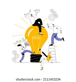 Several men and women in casual clothes are fussing around the switched-on light bulb. The concept of a vector illustration on the topic of big ideas and teamwork.