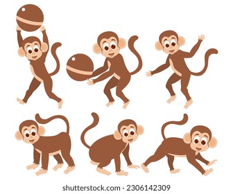 Several monkeys are sitting, jumping and playing with a ball. Vector illustration.