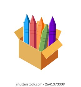 Several multi-colored crayons in a yellow box.Vector illustration isolated on white background.
