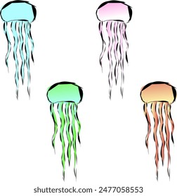 Several multi-colored jellyfish in a cartoon style with outlining the edges. different colors with gradient and transparent background. Vector illustration