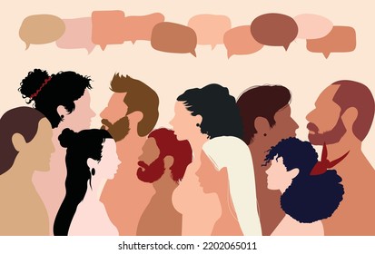 Several Multiethnic Groups Communicate And Share Ideas. There Is Confusion And Disorganization. Globalization And Speech Bubbles. It Is A Multicultural Population With A Lot Of People Talking.