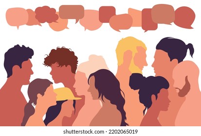 Several Multiethnic Groups Communicate And Share Ideas. There Is Confusion And Disorganization. Globalization And Speech Bubbles. It Is A Multicultural Population With A Lot Of People Talking.