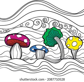 Several mushrooms grow against the backdrop of winding lines.