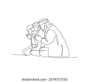 several Muslim men praying on their knees one line art. Continuous line drawing of online Muslims, Islam, traditions, clothing, folk, oriental.