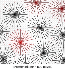 Several objects, similar to sea urchins with thin needles, form an abstract cluster. Behind them is a large number of squares.