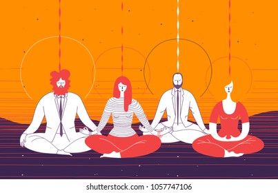 Several Office Workers In Smart Clothing Sit In Yoga Position And Meditate. Concept Of Business Meditation, Mindfulness, Concentration, And Team Building Activity. Vector Illustration For Poster.