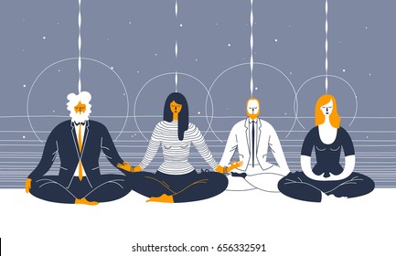 Several office workers in smart clothing sit in yoga position and meditate against abstract blue background. Concept of business meditation and team building activity. Vector illustration for poster.