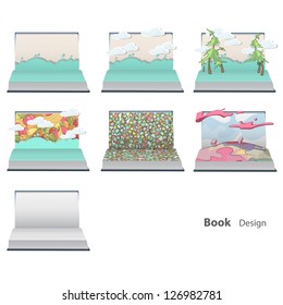 Several open books with multiple landscape. Vector design.